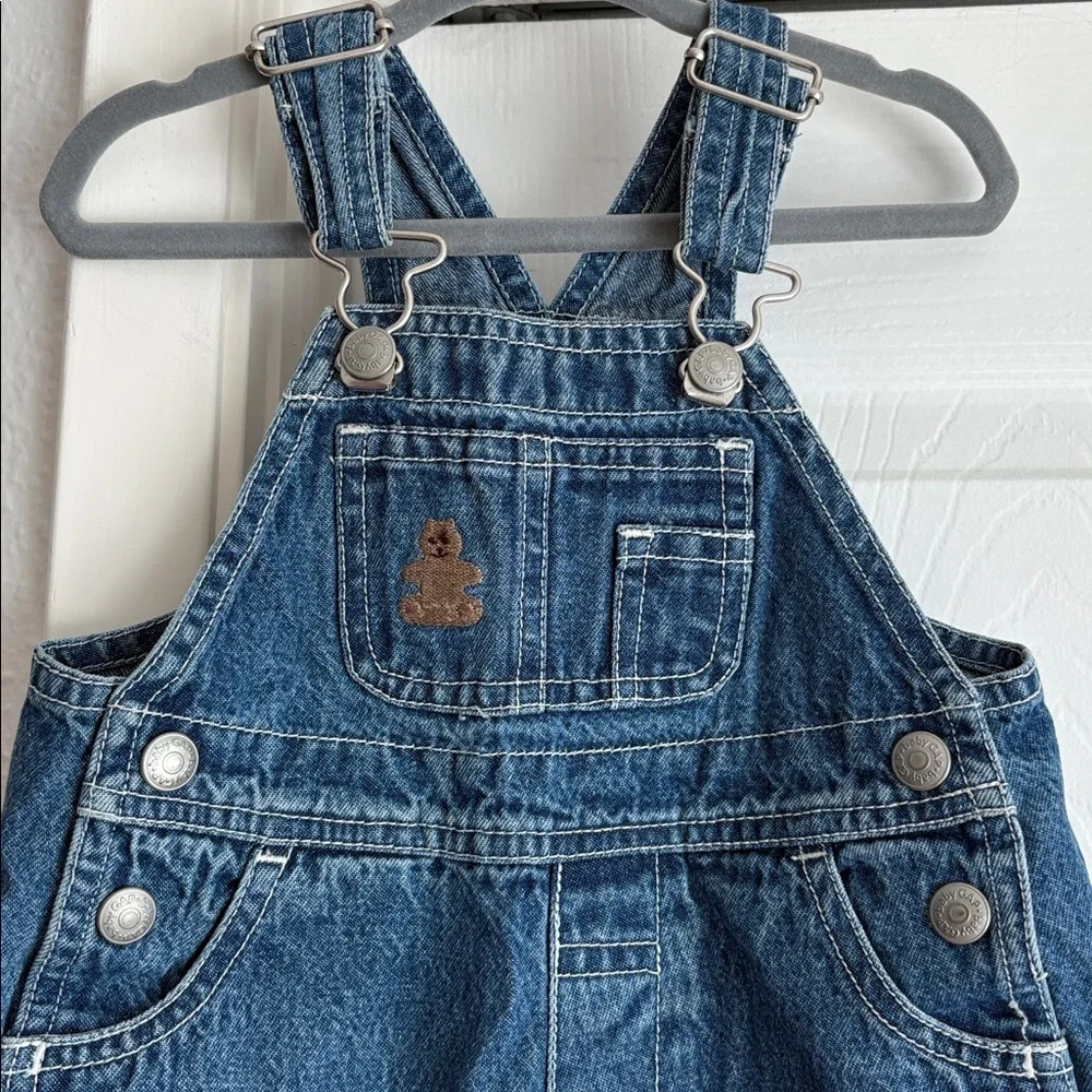 VINTAGE 1999 Baby GAP Blue Denim Overalls with Embroidered Bear Patches